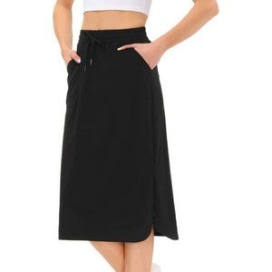 New WOMEN'S Casual Midi Skirt High Waist Drawstring Skirts Knee Length, Black